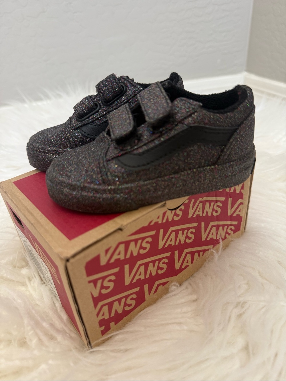Vans Kids Glitter Black Velcro Low-Top Sneakers